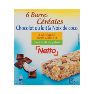 Barre céréales NETTO chocolat lait coco 125g